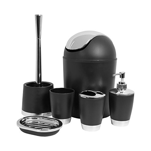 Anika Co-Ordinated Six Piece Bathroom Accessory Set Including Bin, Black, 21 x 21 x 30 cm