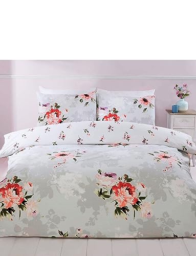 Rapport Home Floral Reversible Duvet Cover Set – Soft Microfibre Grey Double Bedding, Easy Care Fabric with Elegant Floral Print, 3-Piece Bedding Set