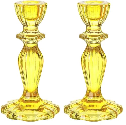 Talking Tables - Yellow Glass Candlestick Holder, Decorative Taper Candle Stand, Elegant Dinner Party Decorations, Easter Home Décor, Summer Birthday, Garden, Wedding (Pack of 2)