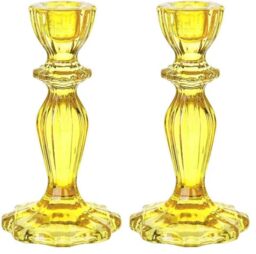 Talking Tables - Yellow Glass Candlestick Holder, Decorative Taper Candle Stand, Elegant Dinner Party Decorations, Easter Home Décor, Summer Birthday, Garden, Wedding (Pack of 2)