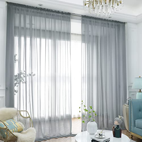 "L&TEC Window Light Gray Sheer Curtains 130 Inches Long 2 Panels Sheer Curtain Basic Rod Pocket Panel for Bedroom Children Living Room Yard Kitchen (Light Gray, 52"" W x 130"" L - 2 pcs)"