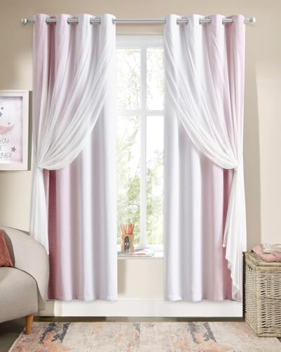 Geomoroccan Pink White Ombre 100% Blackout Curtains Bedroom 52x72 2 Panels - Double Layer Sheer Overlay Room Darkening Drapes with Tiebacks for Girls Room Living Room 72 Inches Long Thermal Grommet