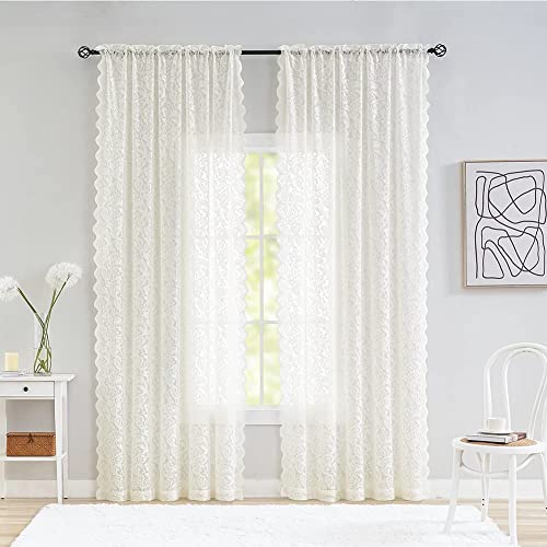 ALIGOGO Cream Lace Sheer Curtains 108 Inches Long 2 Panels Luxury Semi Sheer Curtains for Living Room Bedroom Quality Extra Long Length Lace Curtain Panels 52 W x 108 L Inch, Ivory