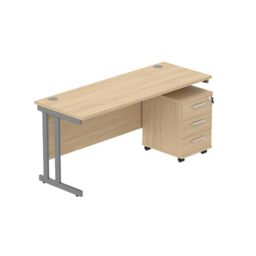 Office Hippo Heavy Duty Contract Grade Office Desk Workstation and Lockable 3-Drawer Pedestal Set, 120kg Weight Tolerance, 5-Year Warranty, FSC Certified, Canadian Oak, Graphite Legs, 1600 x 600mm