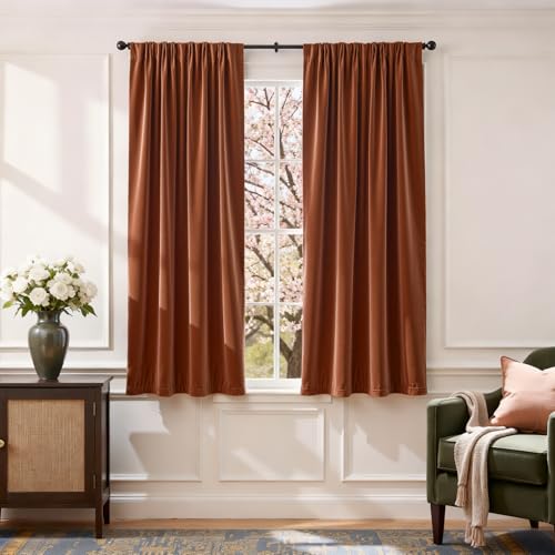 Lazzzy Burnt Orange Velvet Curtains Thermal Insulated 63 Inch Room Darkening Window Drapes Super Soft Luxury Curtains for Living Room Bedroom Rod Pocket, 2 Panels