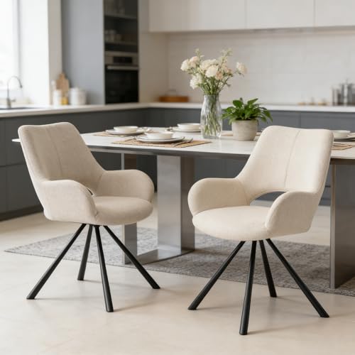 MEUBLE COSY Dining Chairs with Armrests Set of 2, Upholstered Fabric Kitchen Chair, Corner Armchair with Metal Legs, Beige