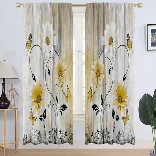 "AAtter Yellow Floral Wide Living Room Curtains, 52"" W x 84"" L Rod Pocket Polyester Fabric Long Bedroom Drapes 2 Panels, Sunflower and White Daisy Butterfly Pattern Farmhouse Decor"