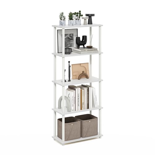 Furinno TURN-N-TUBE Storage Shelves, 5-Tier Book Shelf, Corner Shelf, Toolless Open Shelves, for Organization and Storage, Living Room, Garage, Home Office, White