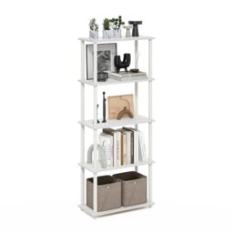 Furinno TURN-N-TUBE Storage Shelves, 5-Tier Book Shelf, Corner Shelf, Toolless Open Shelves, for Organization and Storage, Living Room, Garage, Home Office, White