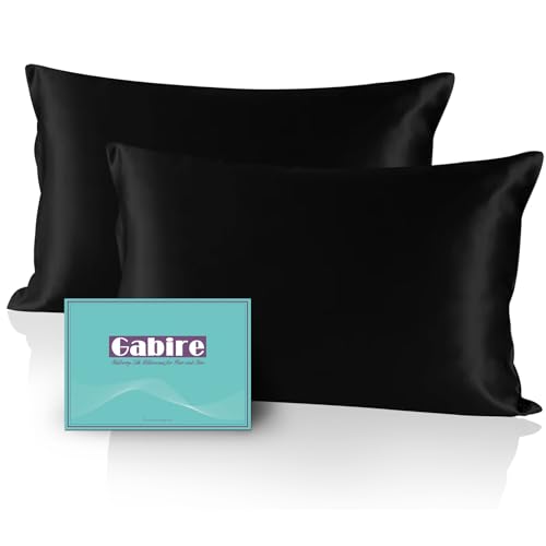 "Gabire Mulberry Silk Pillow Cases Set of 2, Both Sides Real Silk Pillowcase for Hair and Skin Prevent Acne Pillowcase Organic Silk Pillowcase 2 Pack with Hidden Zipper, Black, Standard (20""×26"")"
