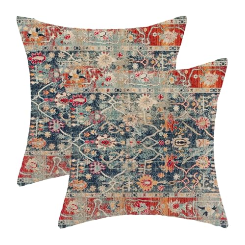 Boho Pillow Covers 24x24 Inch Set of 2,Navy Blue Burnt Orange Ethnic Design Throw Pillows Case,Carpet Pattern Outdoor Decorative Square Linen Farmhouse Decor Cushion Covers for Home Sofa Bed Couch