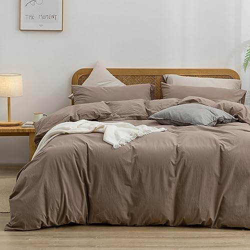 BESTOUCH Cotton Solid Duvet Cover Set Linen Feel Pine Bark Brown Cal King - 100% Washed Cotton, Soft Wrinkle Texture, Hidden Zipper, 8 Ties, Breathable Lightweight Durable Comfy, 3 Pcs No Insert