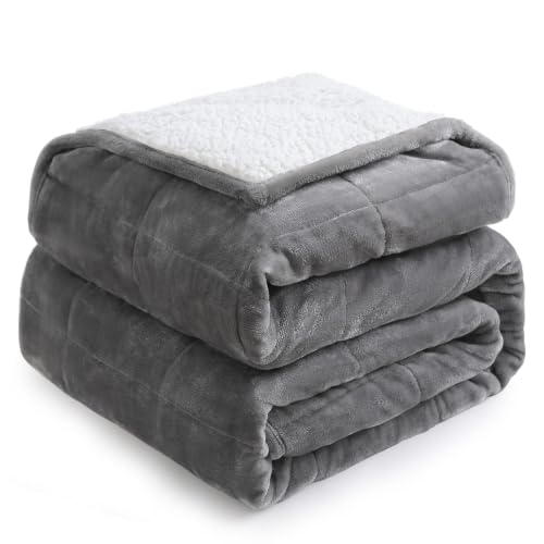Cottonblue Sherpa Fleece Weighted Blanket 12lbs, Flannel Cozy Plush Bed Throw, Fuzzy Sherpa Flannel Bedding Blankets Throw, Minky Soft Blankets for Sofa Bed, 48 x 72 inches, White Grey