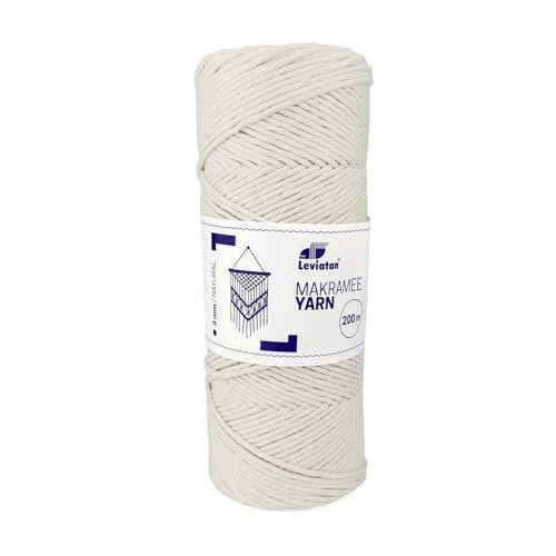 Leviatan Natural Thread - 200m Super Soft Single Twisted Cord - 100% Cotton Thread - Macram?? Rope for Handicrafts - Wedding and Christmas Decorations - 3mm x 200m - Natural