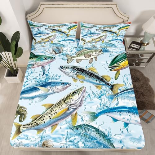Bass Fish Fitted Sheet Queen Size,Fishing Hunting Bedding Set 3Pcs for Kids Teens Men Adult Room Decor,3D Fish Animals Bed Sheet Modern Blue Green Deep Pocket Sheet,2 Pillowcases