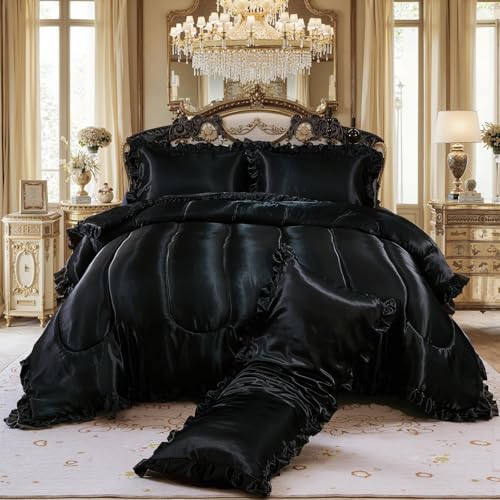 Satin Queen Comforter Set Silk Like Satin Bedding Set Hotel Soft Polyester Black Bed Set Luxury Silky Pillow Cover with Quilt Set Ruffle Down Comforter Home Decor