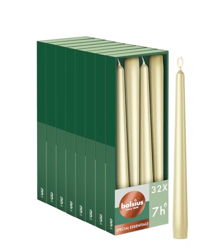 Bolsius Essentials Smooth Taper Candles - Silver Metallic - 24.5 cm - Pack of 32 - Decorative Candles - Palm Oil Free