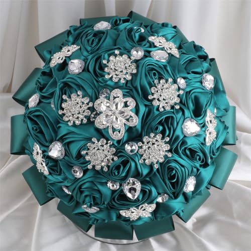 "Mhojpik 9.8"" Dark Green Bridal Wedding Bouquet Throw Toss Artificial Rose Flower Bunch with Bling Brooch for Bride Bridesmaid Wedding Quinceanera"