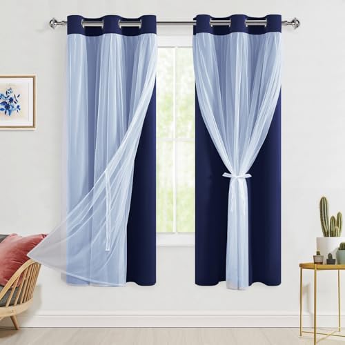 Hiasan Blackout Curtains with Sheer Overlay, Thermal Insulated Privacy Mix and Match Double Layer Window Curtains for Bedroom, Living Room, 2 Drape Panels Sewn with Tiebacks, Navy Blue, 42W X 63L