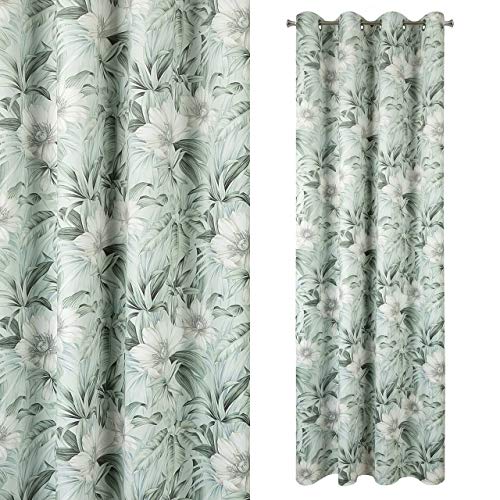 Eurofirany Velvet Curtain with Floral Print Green Tones Eyelets 240 g/m2 140 x 250 cm 1 Piece Soft fluffy modern classic living room bedroom