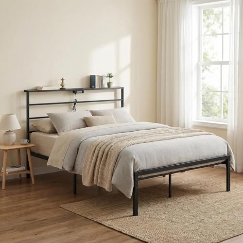 FurnitureR 4ft6 Double Bed Frame with 4-Tier Storage Headboard, Sturdy Metal Platform Bed, Wide Heavy-Duty Steel, Easy Assembly, Ideal for Bedroom or Guest Room, Black