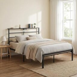 FurnitureR 4ft6 Double Bed Frame with 4-Tier Storage Headboard, Sturdy Metal Platform Bed, Wide Heavy-Duty Steel, Easy Assembly, Ideal for Bedroom or Guest Room, Black