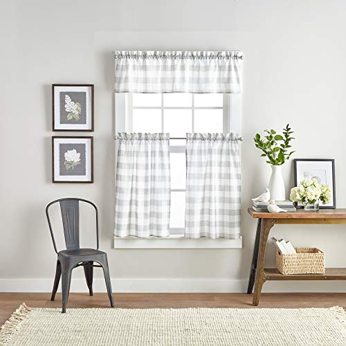Curtainworks Country Modern Rustic Farmhouse Buffalo Check Kitchen Curtains Window Valance and Cafe Tiers, 3-Piece Set, 36-inch, Grey White