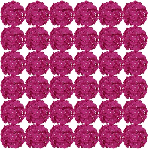 FagusHome Silk Hydrangea Heads 36 Pcs Artificial Flowers Heads and 3 Dozens Stems Fake Hydrangea Flowers with Stems for Home Wedding Decor (Deep Rose)