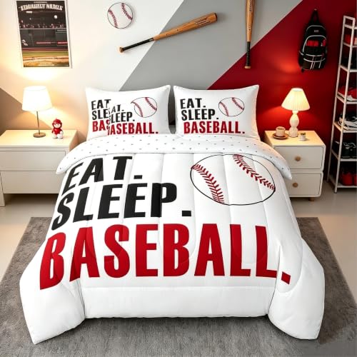 Feelyou Baseball Comforter Set with Sheets Twin Size White Sports Game 7 Pieces Bedding Set for Kids Boys Girls Teens Baseball Gaming Bed in a Bag Ball Bed Set