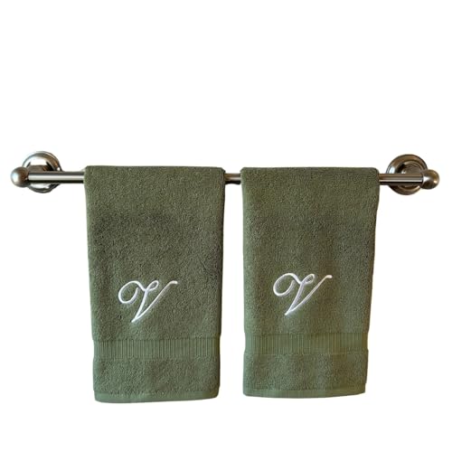 Sage Monogrammed Hand Towels for Bathroom - Luxury Hotel Quality Personalized Initial Embroidered Towel for Powder Room, Spa - GOTS Organic Certified - Set of 2 White Letter V