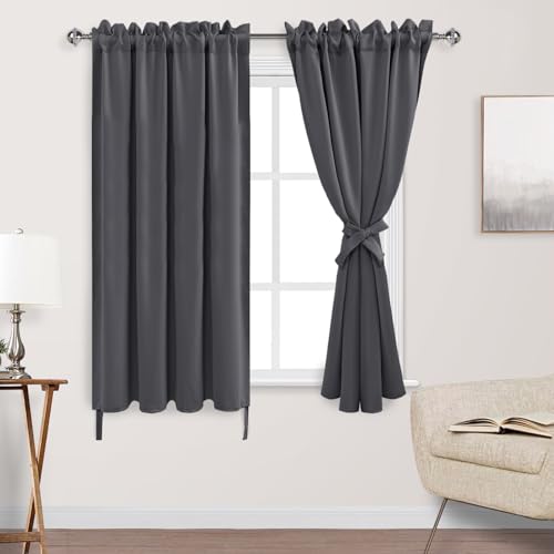 DWCN Blackout Curtains - Thermal Insulated, Light Blocking for Bedroom & Living Room, Rod Pocket with Tiebacks, Room Darkening, 42 x 63 Inch, 2 Panels, Dark Grey