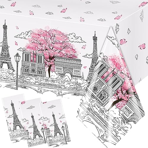 Dydamud Paris Themed Party Tablecloth, 3Pcs Plastic Table Cloth Disposable Table Cover Pink Tablecloths for Birthday Party Decorations