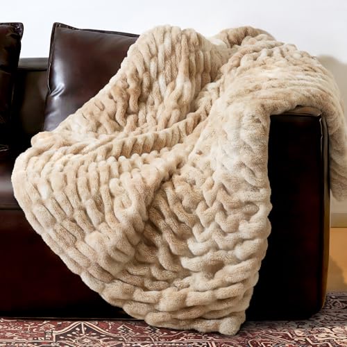 blunique Faux Fur Throw Blanket for Couch, Cute Fluffy Bunny Blankets, Soft Cozy Gift for Women and Girls, Ruched Camel, 50x60 inches