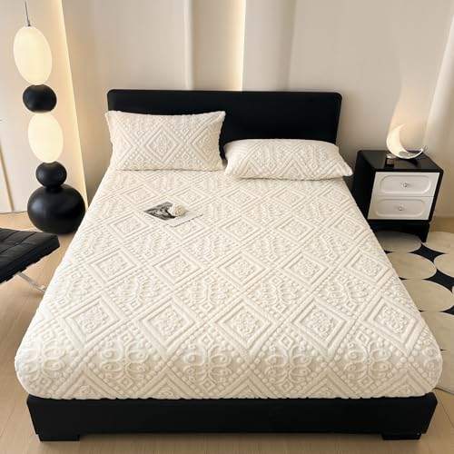 ZIQINPSQ Taffeta Velvet Jacquard King Fitted Sheet - Luxury Bedding - Ultra-Soft, Quick-Heat, Anti-Static, 360?? Mattress Protector, White, No Pillowcases