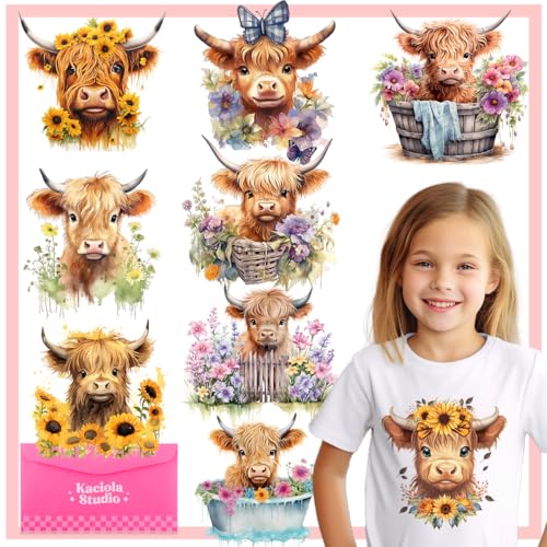 Kaciola 9 Sheets Highland Cow DTF Transfers Ready to Press, Cute Cow Iron on Transfers Washable Stickers Iron on Decals for T Shirts Hoodie DIY Crafts