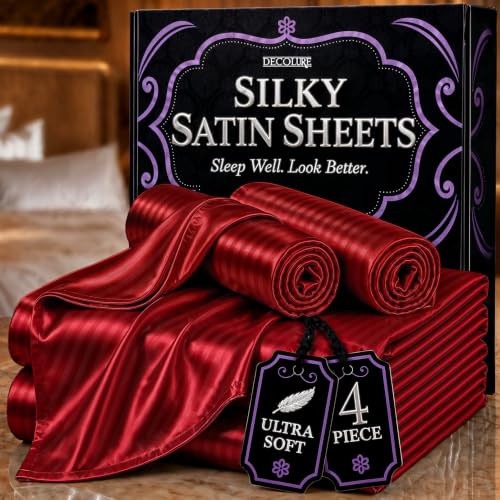 DECOLURE Satin Bed Sheets - 4 Piece Luxury Silky Full Size Bedding Set - Softer Than Silk, Wrinkle-Free with 15??? Deep Pocket Fitted Sheet, Perfect for Hair & Skin, Gifts for Women (Striped Red)