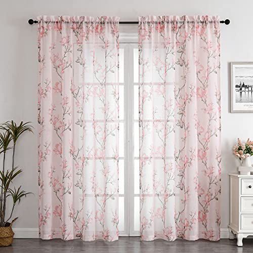 SMILE WEAVER Blush Pink Sheer Curtains 84 inch Length for Living Room,Floral Curtains Light Filtering Voile Linen Textured Rod Pocket Semi Sheer Window Drapes for Bedroom/Kitchen,2 Panels