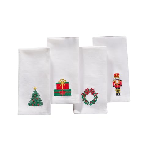 Elrene Home Fashions Holiday Embroidered Christmas Cotton Napkins with Festive Designs (Tree, Gift, Wreath, Nutcracker), Set of 4