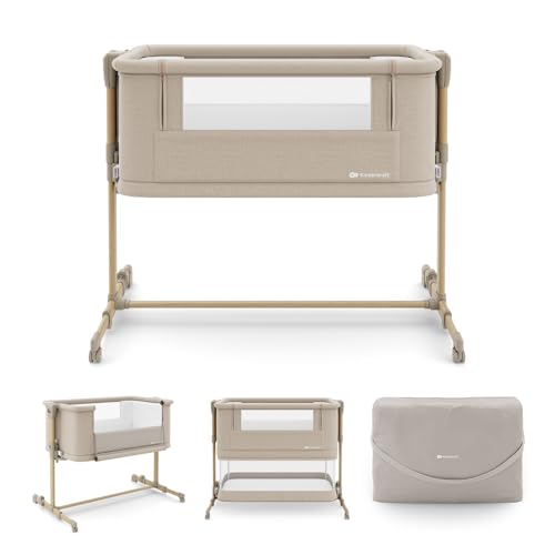 Kinderkraft NESTEE GROW 2 3 in 1 bedside crib, baby cot, toddler bed, 5 height levels, mattress included, telescopic legs, lockable wheels, foldable, with carry bag, Beige