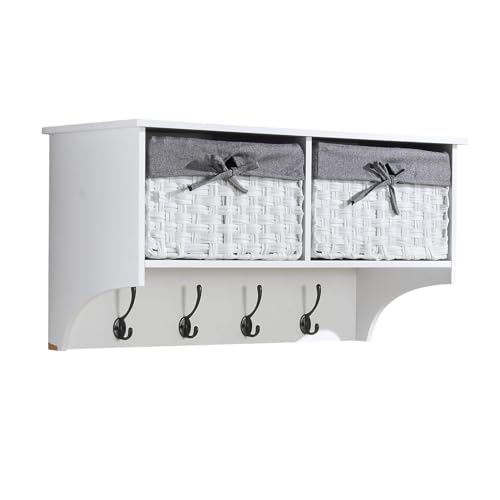 Home Source Malibu Coat Hook White Wicker Storage Baskets Wall