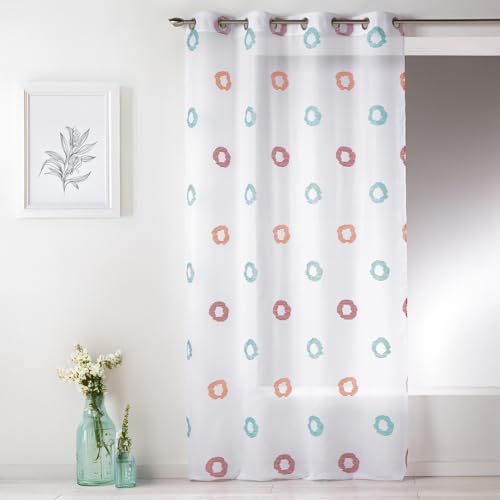 Homemaison - Lightweight Muslin Net Curtain with Circle Print - Polyester - Round Silver Eyelets Ø 4 cm - Ready to Hang - Living Room Bedroom - 150 x 240 cm - Turquoise