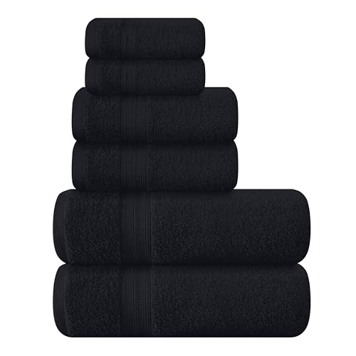 BOUTIQUO 6 Pack Cotton Towel Set, Contains 2 Bath Towels 27x54 inch, 2 Hand Towels 16x24 inch & 2 Wash Coths 12x12 inch, Ideal Everyday use, Ultra Soft Compact & Lightweight - Black