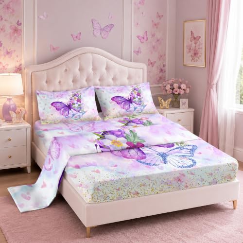"Nttopship Purple Butterfly 4 Pieces Bed Sheet Sets Twin Size Purple Butterfly Bedding Sets with 16"" Deep Pockets Butterflies Bedroom Decor,Bedding Set 4 PCS(1 Fitted+1 Flat+2 Pillowcases)"