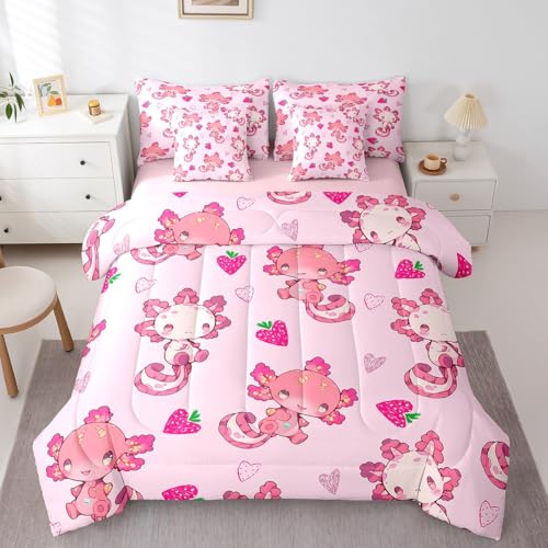 Feelyou Kids Cute Axolotl 7 Pieces Bedding Set Twin Size, Strawberry Comforter Set with Sheets Boys Girls Kawaii Ocean Sealife Bed in A Bag Cartoon Fruit Teens Bed Set Bedroom Decor 7Pcs
