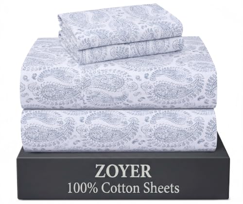 "ZOYER 100% Cotton Sheets - Cooling & Crisp Percale Sheets King Size, 16"" Deep Pockets Bed Set, Lightweight & Breathable, Durable, 4 Pieces, Paisley Imprint"