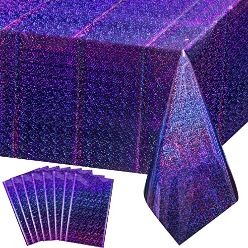 "8 Pack Iridescence Plastic Tablecloths Shiny Disposable Laser Rectangle Table Covers Holographic Foil Tablecloth Iridescent Party Decoration Birthday Bridal Wedding Christmas 54"" x 108""(Purple)"
