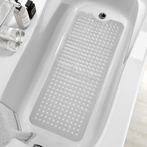 ZHICHENG Bath Tub and Shower Mats, Non-Slip 39 x 16 Inch Extra Long Bath Mat, Machine Washable Bathtub Mat with Drain Holes, Suction Cups for Bathroom (Grey)