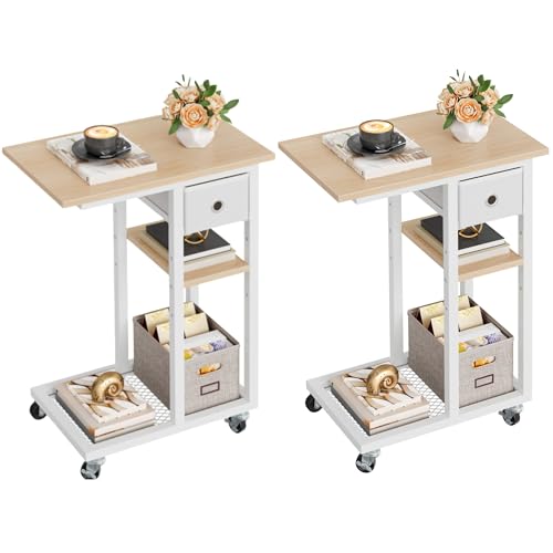 YITAHOME 2PCS C-Shaped End Table, Slim Sofa End Table with Fabric Drawer, Open Compartments and Lockable Wheels, Movable Side Table Workstation for Small Spaces, Living Room, Bedroom, Oak