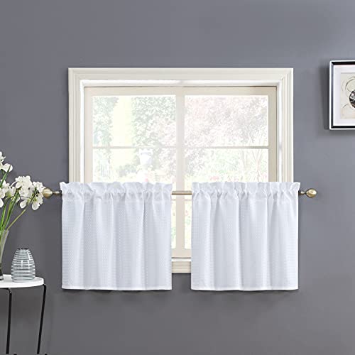 Home Queen White Water Resistant Bathroom Window Curtains,36WX24L Inch - Raised Dot Waffle Textured Shower Window Curtains, Rod Pocket Light Filtering Kitchen Curtains, 2 Panels
