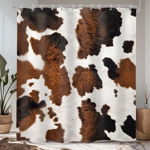 Cow Print Shower Curtain Set 60x72 Bathroom Decor Retro Farmhouse Brown - Rustic Animal Bull Country Lovely Cowhide Printing Western Modern Bathroom Curtain Set Waterproof Polyester Fabric with Hooks